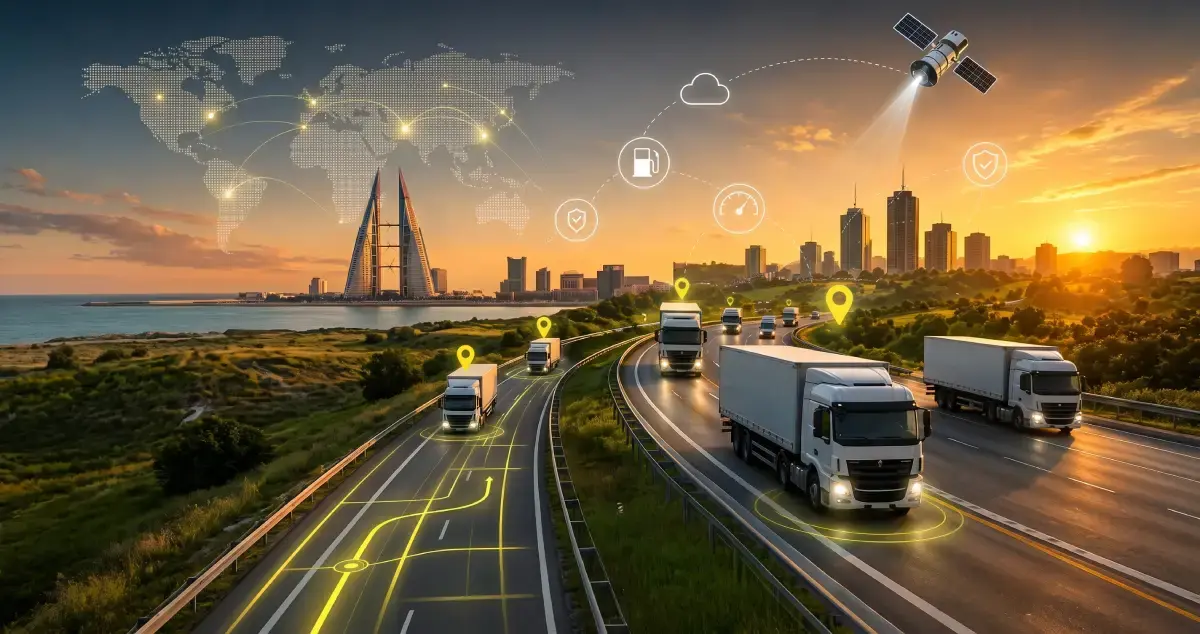 Features of a fleet management system in Bahrain with GPS-tracked trucks on a highway